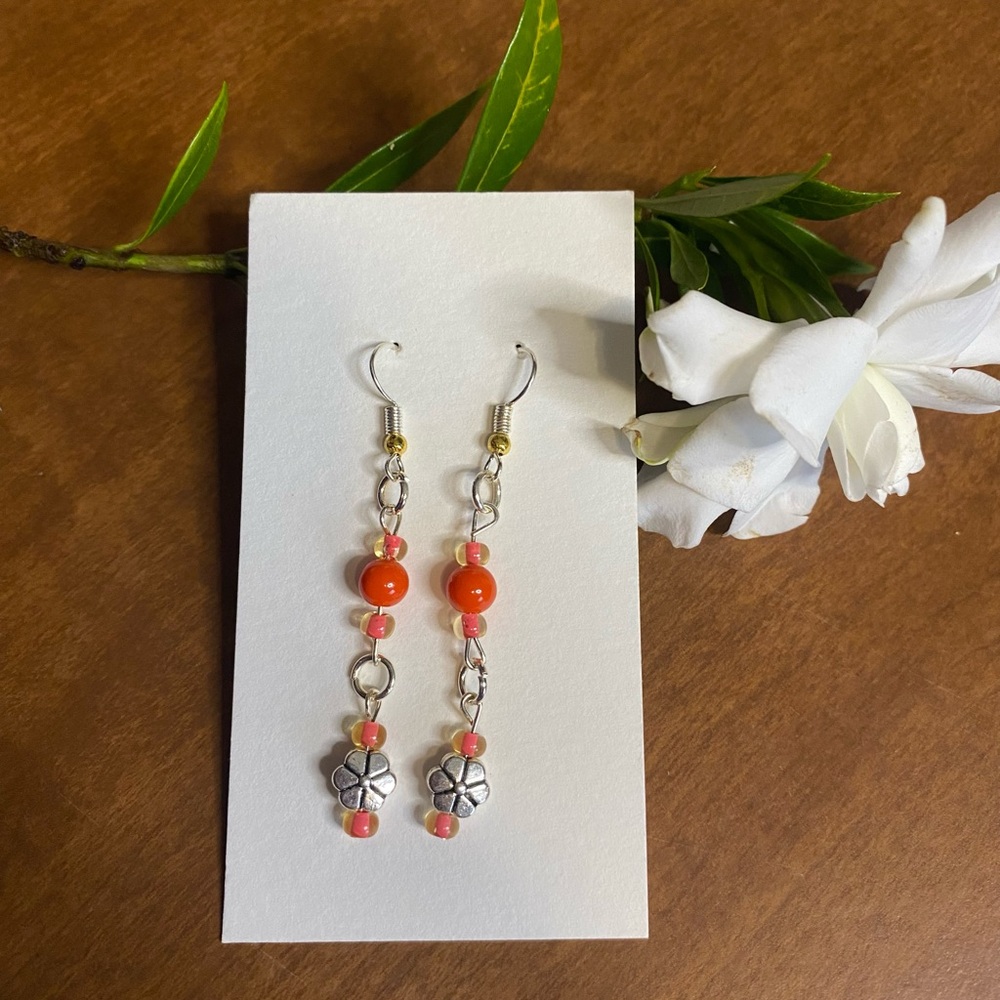 Elegant Silver and Red Floral Earrings